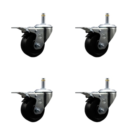 Service Caster 3'' Soft Rubber Wheel Swivel 7/16'' Stem Caster Set with Total Lock Brake, 4PK SCC-GRTTL20S314-SRS-716138-4